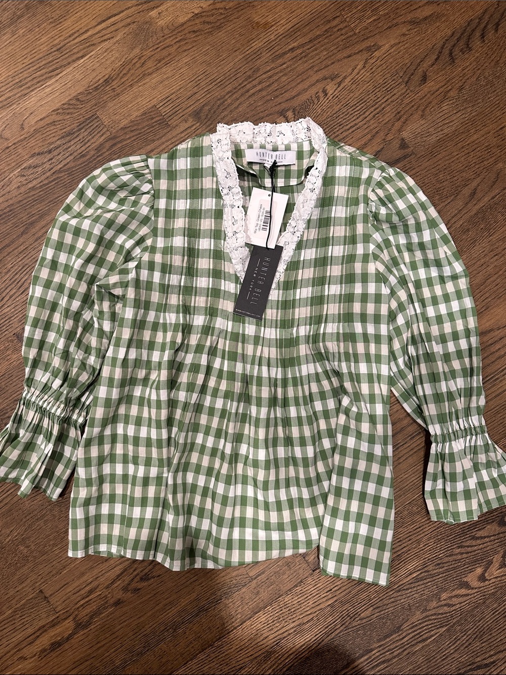 NWT Hunter Bell Mia Green and White Gingham Puff-Sleeve V-Neck Blouse - Picture 4 of 5